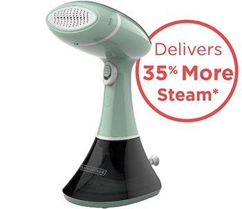 Advanced handheld steamer and press plate, in green and grey, delivers 35% more steam than the competitor, based on 3rd party testing.